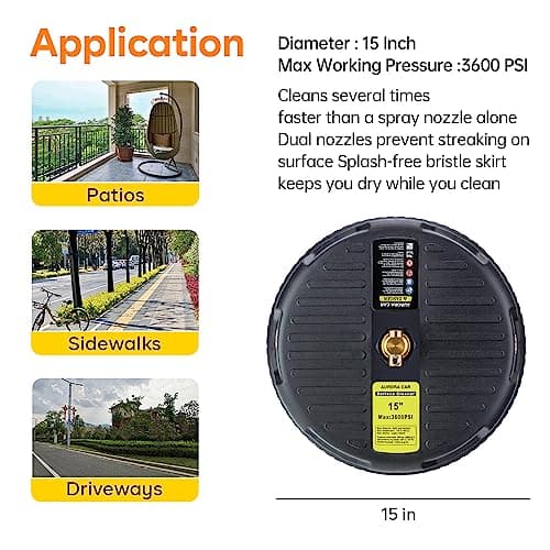 AURORA CAR 15" Pressure Washer Surface Cleaner, 3600PSI, Black, Industrial Style, Battery Powered, Surface Cleaner Attachment with 1/4" Quick Coupler for Driveway, Sidewalk, Garden, Patio 2