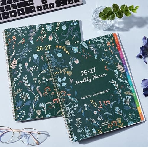 2026-2027 Monthly Planner - Planner 2026-2027, Monthly Calendar 26-27, Jul. 2026 - Dec. 2027, 9" x 11", 18 Month with Colourful Tabs & Pocket, Flexible Cover, Twin-Wire Binding, Thick Paper - Green 2