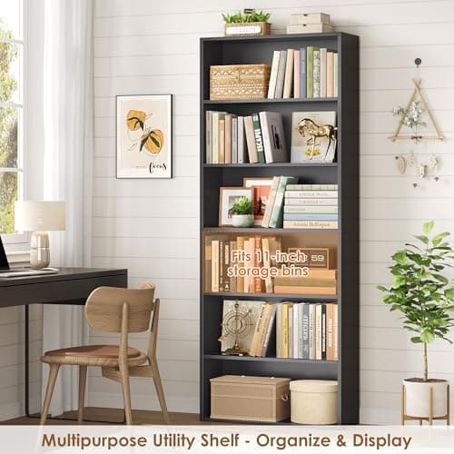 FOTOSOK 6-Tier Open Bookcase and Bookshelf, Freestanding Display Storage Shelves Tall Bookcase for Bedroom, Living Room and Office, Black 5