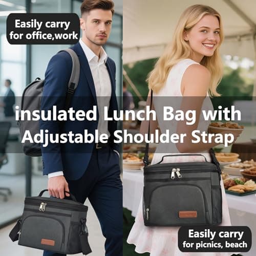 ExtraCharm Insulated Lunch Bag for Women/Men - Reusable Lunch Box for Office Picnic Hiking Beach - Leakproof Cooler Tote Bag Organizer with Adjustable Shoulder Strap for Adults - Black 6