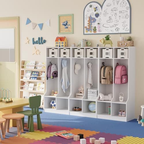 IDEALHOUSE 2-Section Classroom Coat Locker with 4 Cubbies, Daycare Cubby Storage Organizer with 4 Hooks for Home, School, Nursery, Kindergarten, White 5