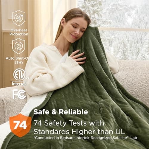 Bedsure Heated Blanket Throw Blanket - Fast Heating Electric Blanket, Soft Flannel Heated Throw with 4 Time Settings, 6 Heating Settings, Warm Gifts for Grandma (50x60 inches, Olive Green) 6