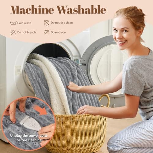 Easthome Electric Heated Blanket Queen Size Dual Control - 84"x90" Fast Heating Bed Blankets with 6 Heating Levels & 10 Hours Auto Off, Soft Ribbed Flannel, Over-Heat Protection ETL, Light Gray 8