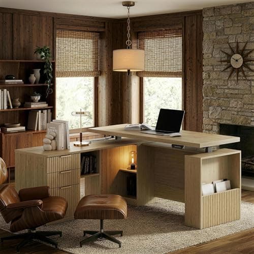63 Inches L Shaped Standing Desk, Executive Standing Desk with Drawers and File Cabinet, AC/USB, 1.18" Desktop, Multi-sized Storage Cubby, Privacy Panel, Fluted Computer Desk, Light Walnut