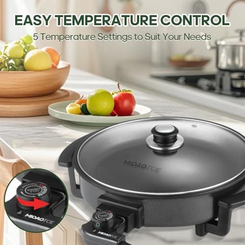MIOAOTCE 12" Round Electric Skillet with lid, Ceramic Nonstick Coating Electric Frying Pan, 1500W Quick & Even Heating, 5 Adjustable Temperature Control, Tempered Glass Lid & Cool-Touch Handles 5