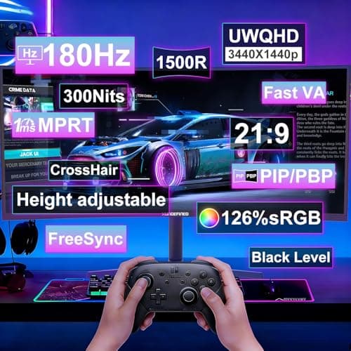 34 Inch Curved Monitor 180Hz, UWQHD 3440x1440p Ultrawide Gaming Monitor 1500R with Speaker, PIP/PBP, 4000:1 Contrast, sRGB126%, HDR, FreeSync & G-SYNC, 1ms(MPRT), HDMI/DP Port, Adjustable Stand, VESA 9