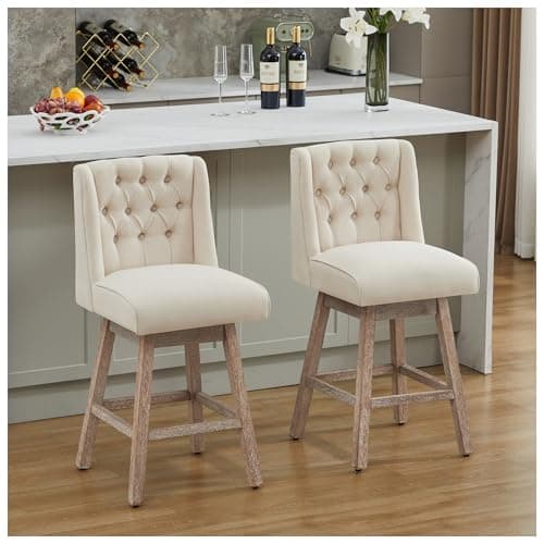 UDAX 26" Swivel Bar Stools Set of 2, Counter Height Barstools with Back, Linen Fabric Upholstered Bar Stools, Modern Barstools Wood Legs for Kitchen Island Dining Room Bar