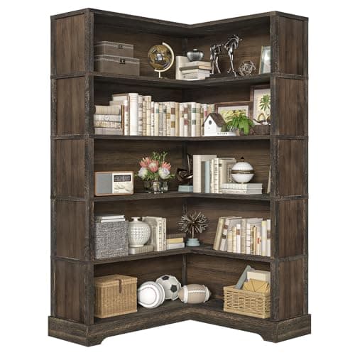TVU Wood Corner Book Shelf, 5 Tier 65 Inch Tall Bookshelf with Storage, Floor Standing Display Book Shelf for Living Room, Kitchen, Home Office, Brown