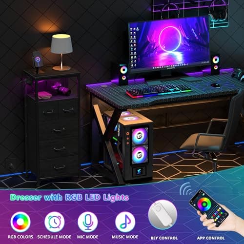 Furnulem Dresser for Bedroom, Tall Nightstand, Vertical Chest with Wood Top, Charging Station, LED Lights, 5 Fabric Bins, Bedside Table with Shelf, Furniture for Entryway (5 Drawer, Black Oak) 8