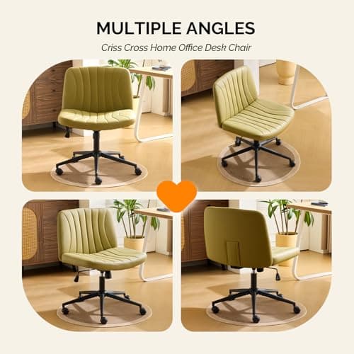 VINGLI Criss Cross Legged Chair,Wide Comfy Office Desk Chair,Dual-Use with/no Wheels Computer Task Chair,Swivel Armless Vanity Rolling Chair for Study,Make Up,Home Office,Cat Scratch PU,Avocado Green 8