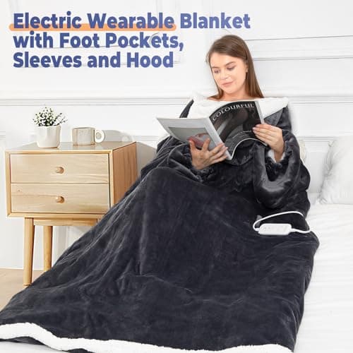 Wearable Heated Blanket with Foot Pocket, Electric Wearable Throw Blanket with Sleeves, Hood, Portable Heated Blanket with 8 Heat Settings, 1-10 Hours Auto Shut-off, Gift for Family, Friends, 50*70" 8