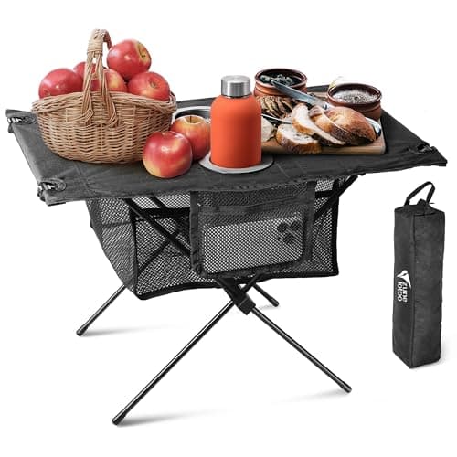 ZUNE LOTOO Portable Camping Table Folding, Small Beach Table Foldable with Drink Holder & Mesh Storage & Carry Bag Compact Camp Tent Side Table for Picnic Tailgate Travel Outdoor Fishing Backpacking