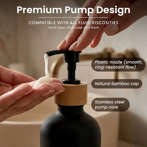 MaisoNovo Glass Dish Soap Dispenser for Kitchen Set of 2-16.9oz Dish and Hand Soap Dispenser Set for Kitchen - Black Glass Bottles x 2 with Black Bamboo Pumps & Tray 5