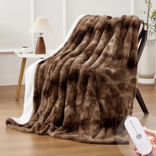 HYLEORY Faux Fur Heated Throw Blanket Electric - Soft Thick Flannel Heating Blanket with 5 Heat Levels & Auto-Off 3 Hrs, Fluffy Cozy Warm Bed Blankets for Christams Winter Office, Brown