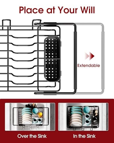 Sakugi Dish Drying Rack in Sink - Expandable Stainless Steel Dish Rack Over the Sink, Kitchen Sink Drain Strainer with Cutlery Holder & Cup Holders, 15.4 x 9.8 x 3.0 Inch, Black 5