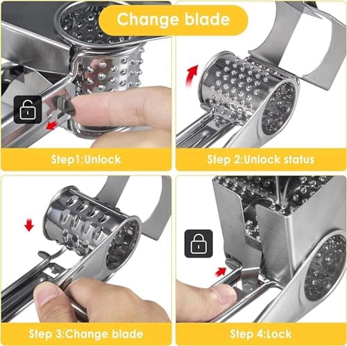 Kqiang Cheese Grater with Handle, Cheese Shredder Cutter Grinder Stainless Steel Manual Handheld with 4 Interchangeable Blades for Cheese Vegetables Chocolate, Silver, A0314US(AB) 6