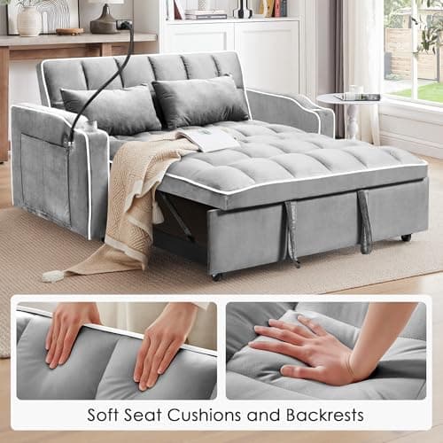 tiramisubest Convertible Sofa Bed, Sleeper Sofa with Side Pocket, Adjustable Backrest, Living Room Sofa with Phone Holder, Pull Out Couch, Loveseat with Cup Holder and USB Interface (Velvet, Gray) 7