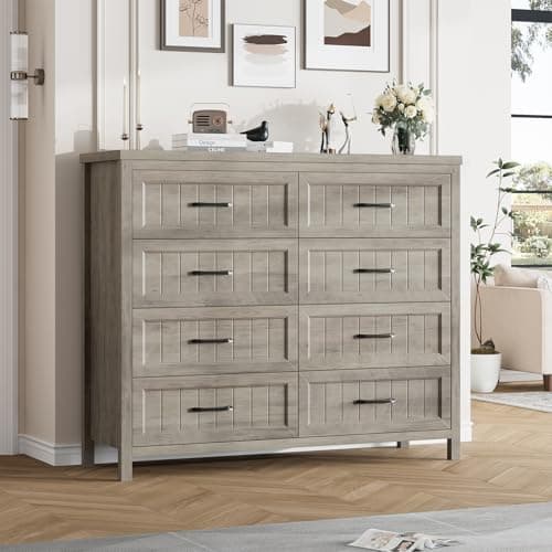 Jocoevol Farmhouse Dresser 8 Drawer Dresser for Bedroom, Large Wooden Dressers Double Grey Dresser with Deep Drawers Dressers for Hallway, Entryway (Gray) 9