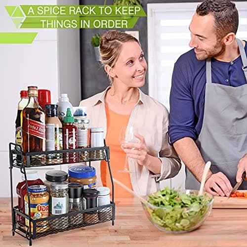 Flanney 2 Tier Metal Foldable Spice Rack Organizer for Countertop, Non-Slip Kitchen Bathroom Storage (Black) 7