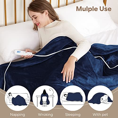 Electric Heated Blanket Queen Size 84" x 90" | 6 Heating Levels & 8h Auto Timer | Full Body Fast Heating and Ultra Soft Flannel, Machine Washable Bed Sofa Home Office Use, Blue 6