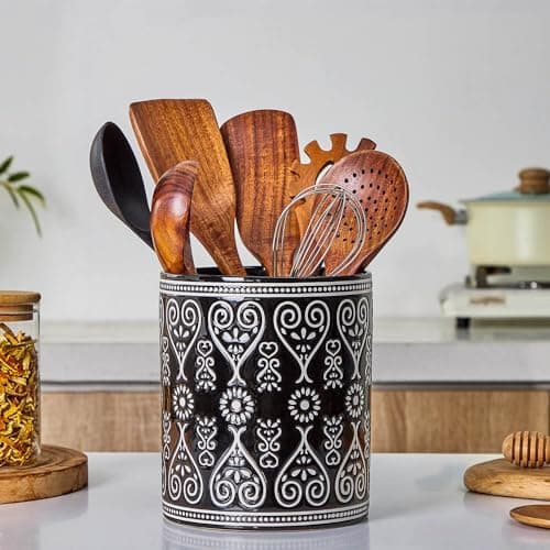 Delpnana Black Heavy Ceramic Utensil Holder, 7" Extra Large Kitchen Utensil Holder for Countertop, Cooking Ceramic Crock for Farmhouse Kitchen Decor 5