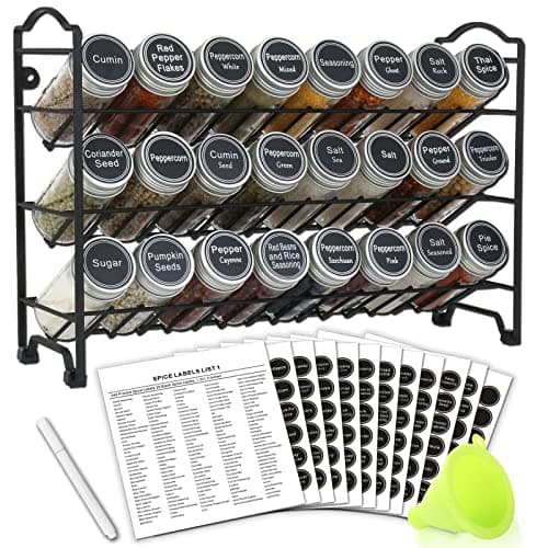 SWOMMOLY 3 Tier Spice Rack Organizer with 24 Empty Round Spice Jars, 396 Spice Labels, Funnel and Chalk Marker Complete Set, Black
