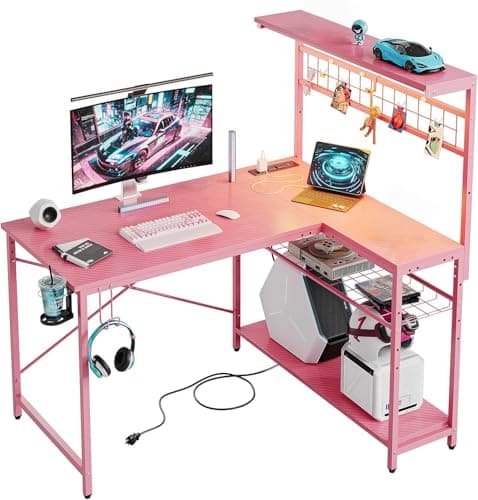 Bestier 42 L Gaming Desk,Computer Desk with Power Outlets, LED Lights, Reversible Corner Desk with 4-Tier Shelves,Cup Holder & Hook Carbon Fiber Pink 8