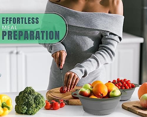 Ultimate Kitchen Strainers Set of 2 - Collapsible Silicone Colanders For Easy Storage by Comfify - Use with Pasta & Veggies or as a Fruit or Berry Bowl with Strainer - Irreplaceable for Campers - Gray 8