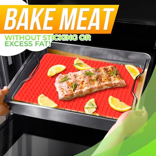Non Stick Baking Cooking Mat - 16x11.5" Silicone Baking Mat, Fat Filtering Red Pyramid Design, for Roasting, BBQ & Pastry Making - Oven and Microwave Bacon Cooker Food Grade, Flexible & Easy-to-Clean 7