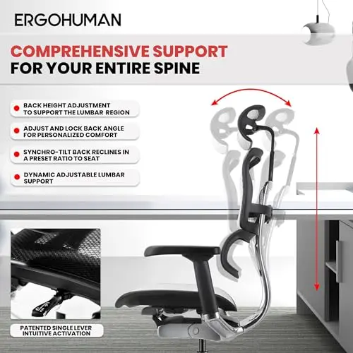 Ergohuman Eurotech ME7ERG GEN2 High Back Mesh Office Chair with Tilt Tension Control, Tilt Lock, Back Angle, Back Height, Synchro Tilt, Seat Height, Seat Depth, and Arm Height Adjustments, Grey 6
