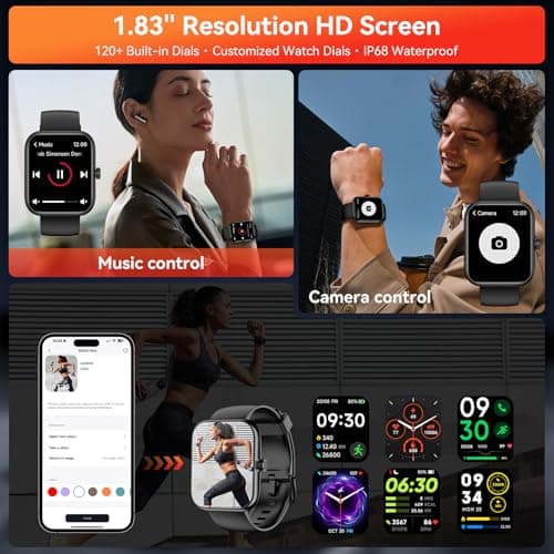 Smart Watch with Alexa, 1.83" HD Fitness Tracker, Message Notifications, IP68 Waterproof, 120+ Sport Modes, 24/7 Heart Rate & Sleep Monitor, Long Battery Life, Compatible with iPhone Android(Black) 6