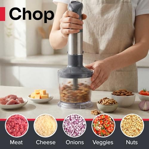 Mueller Multistick 5-in-1 Immersion Blender Handheld,12 Speed Hand Mixer-Turbo Boost,Heaviest Duty Copper Motor,Titanium reinforced Blades Hand Blender,Milk Frother Wand,Whisk,Beaker,Chopper,Grey 6