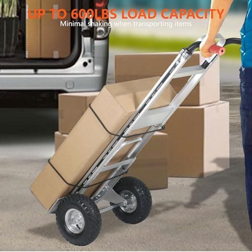 Aluminum Hand Truck 600 LBS Capacity, Handle Heavy Duty Industrial Dolly with 10" Pneumatic Tire and 2 Elastic Cords, Platform Cart for Transport and Moving in Home, Office, Warehouse, Supermarket 6
