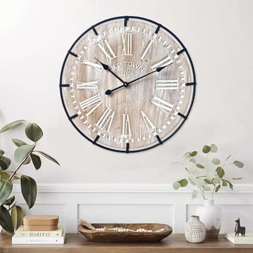 EMAX HOME 24 Inch Large Farmhouse Wall Clock, Rustic Antique Wood with Metal Circle and Large Engraved Numerals, Silent Battery Operated Wall Clock for Office Kitchen Bedroom Living Room 6