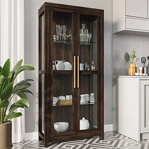 BELLEZE Glass Display Cabinet, Tall Curio Cabinet with Tempered Glass Doors for Living Room, Trophy Display Case - Avalon (Dark Walnut)