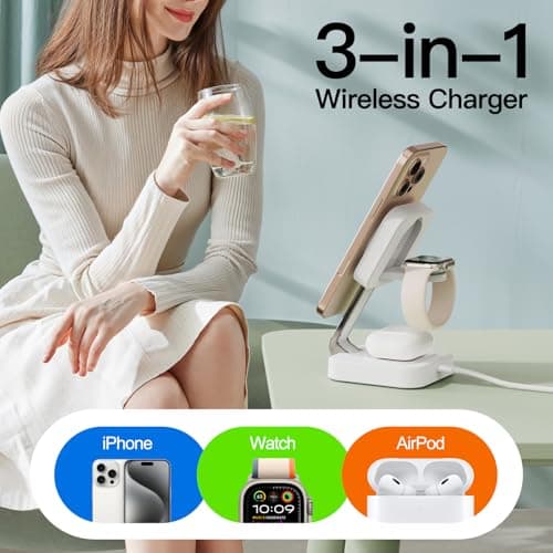 2026 Traveling Wireless Mag-Safe Fast Charging Station,Magnetic 3 in 1 Charger with iPhone 17 16 15 14 13 12 Pro Max Plus,Apple Watch Series & Air pods 4 3 2 Pro-Gifts for Wife & Husband(White) 9