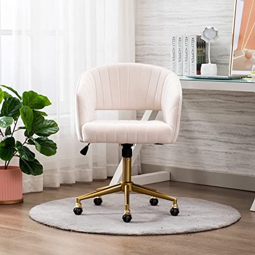 Home Office Chair Swivel Velvet Desk Chair Accent Armchair Upholstered Modern Tufted Chairs with Gold Base for Girls Women Ergonomic Study Seat Computer Task Stools for Living Room(Cream) 9