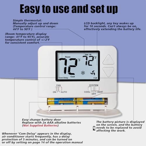 Heagstat Non-Programmable Thermostats for Home Conventional Single-Stage Systems, up to 1 Heat/ 1 Cool (with White Backlight) 6