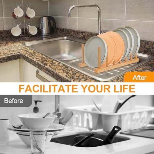 SAMEBUTECO Bamboo Wooden Dish Racks Plate Stand Holder Vertical Drainer Kitchen Cabinet Organizer for Dish, Pots, Lids, Bowls, Cups, and Cutting Boards and Books(2 Packs) 6