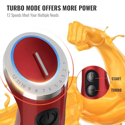 KOIOS 5-in-1 Hand Immersion Blender, 1000W 12 Speed Handheld Blender Stick with Copper Motor Stainless Steel Blade, 600ml Mixing Beaker,500ml Food Processor, Whisk, Milk Frother, Non-BPA, Red 6