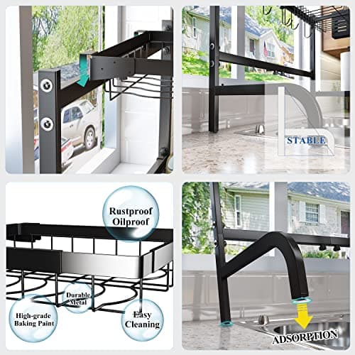 SAYZH Over The Sink Dish Drying Rack, Adjustable (25.5 to 33.5 inch) 2 Tier Metal Steel Dish Drying Racks for Kitchen Counter with Hooks Paper Towel Utensil Cup Holder Sink Caddy (Black) 9
