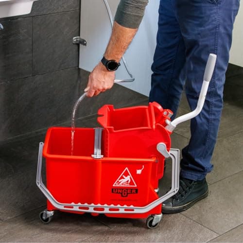 Unger Commercial - SmartColor Dual-Compartment Restroom Mop Bucket with Side-Press Wringer, 16 qt, Red - Restroom Cleaning - COMSR 7