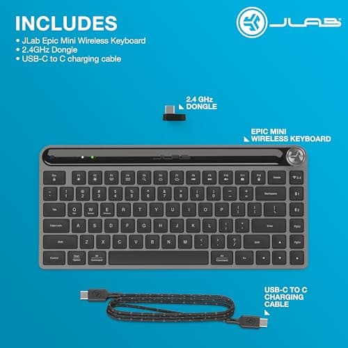 JLab Epic Mini Wireless Keyboard, Black, 108 Keys, Connect Via Bluetooth or USB Wireless Dongle, Multi-Device Toggle, Soft Touch Keys, Smart Media Knob, Custom User Profiles, Rechargeable (1 Pack) 7