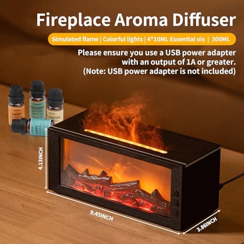 BOHOFAM Fireplace Essential Oil Aroma Diffuser,Flame Air Humidifiers 300ML,14-Hour Runtime,Colorful Flame Diffusers for Home,Included 4 * 10ML Hotel Collection Diffuser Oils for Bedroom(Black) 8