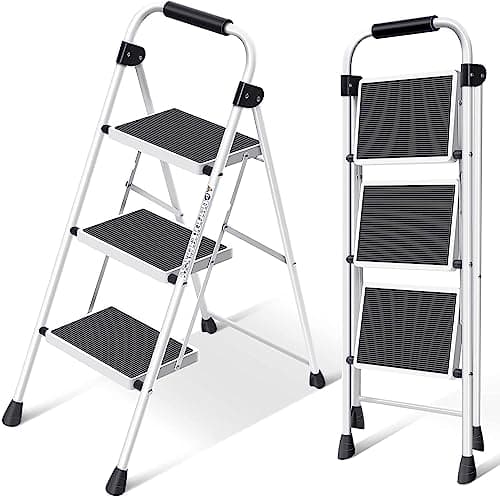 Simpli-Magic 3-Step Ladder, 350 LBS Capacity Folding Step Stool – Anti-Slip Wide Steps & Handgrip – ANSI Certified Lightweight & Durable Steel Stepping Stool for Kitchen, Home, Office & Garage