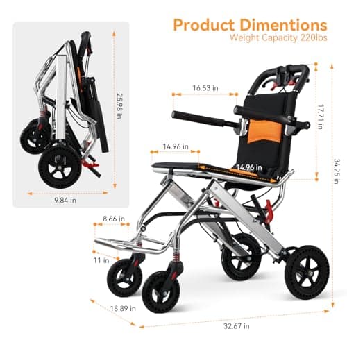 JINKEE Super Lightweight Transport Wheelchair, Orange 6