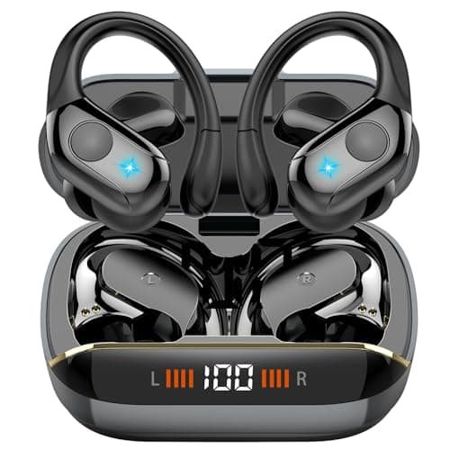 Qecnato Wireless Earbuds Bluetooth 5.4 Headphones 75H Stereo Deep Bass Sports Over Ear Buds with Earhooks, LED Display Bluetooth Earbuds with 4 ENC Mic, IP7 Waterproof Earphone for Running
