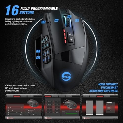 UtechSmart Venus Pro RGB Wireless MMO Gaming Mouse, 16,000 DPI Optical Sensor, 2.4 GHz Transmission Technology, Ergonomic Design, 16M Chroma RGB Lighting, 16 programmable Buttons, Up to 70 Hours 5