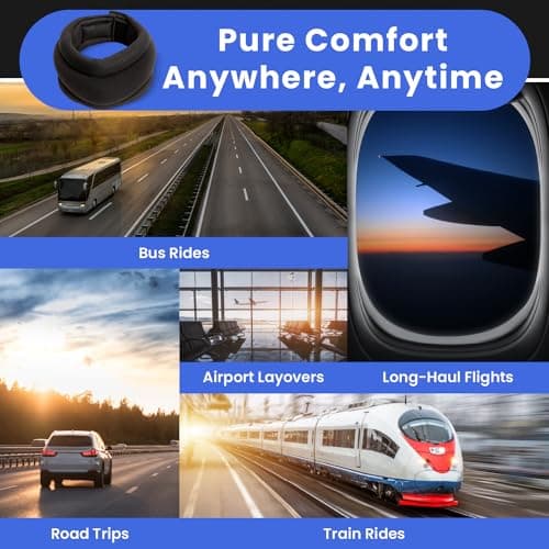 NoKnod Patented Travel Neck Pillow - Premium Soft Neck Support & Comfort for Sleeping on Airplanes & Cars- Memory Foam Shoulder & Neck Roll - Long Flight International Airplane Travel Pillow (Black) 6