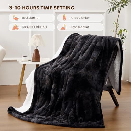 HYLEORY Electric Heated Throw Blanket - Soft Thick Faux Fur Heating Blanket with 5 Heat Levels & Auto-Off 3 Hrs, Fluffy Flannel Warm Christmas Blankets for Winter Bed,ETL Certification, Black 8